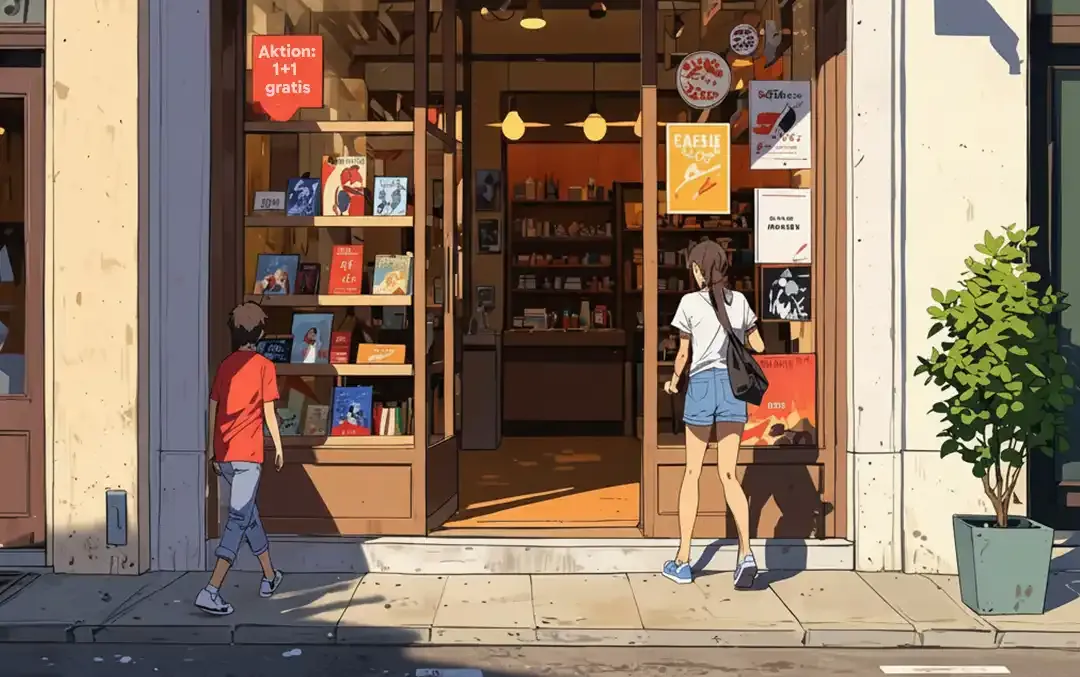 Local SEO für lokale Geschäfte: Illustration zeigt Kunden vor einem Schaufenster mit Aktionsangeboten – Sichtbarkeit durch lokale Suchmaschinenoptimierung