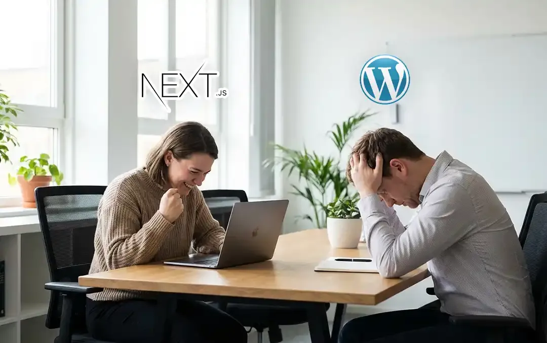 Frau sitzt dominieren stellvertretend für next.js und mann sind betrübt und traurig stellvertretend für wordpress